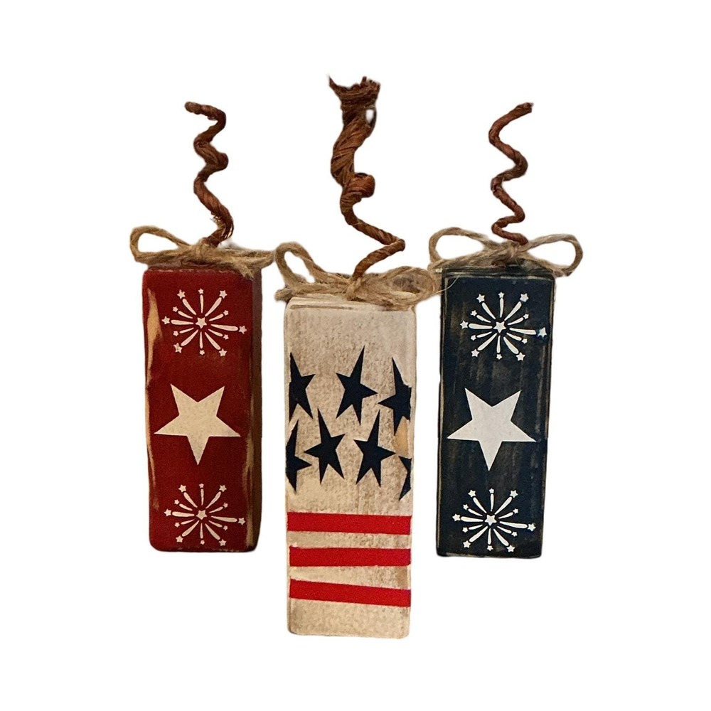 Patriotic Wooden Firecracker Blocks 4th of July Americana Tiered Tray Decor Set - Picture 2 of 7